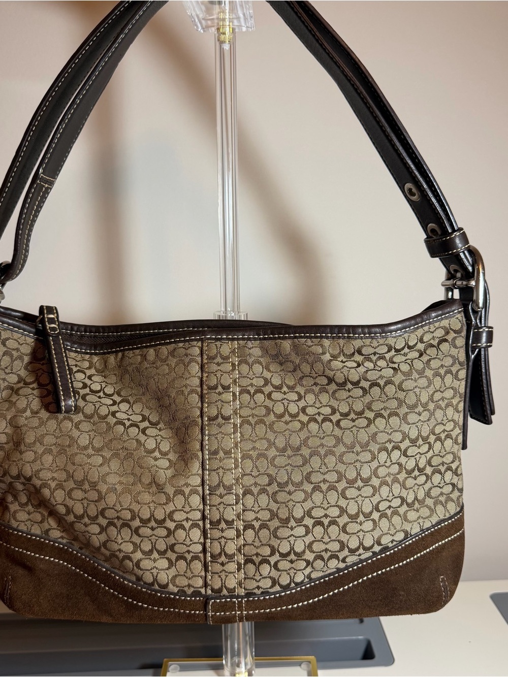 Coach Brown Signature Jacquard Canvas Soho Hobo bag with Brown Suede Trim